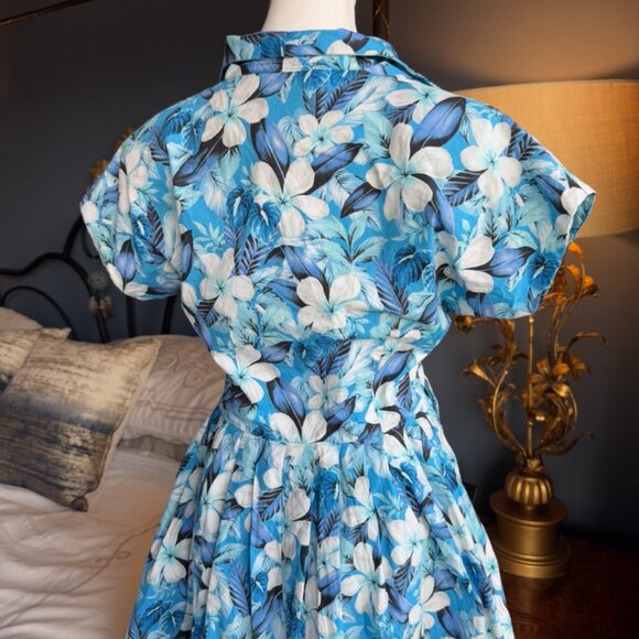 Vivien of Holloway Retro Kitty Plumeria Blue 50s Style Cotton Dress - Picture 9 of 14